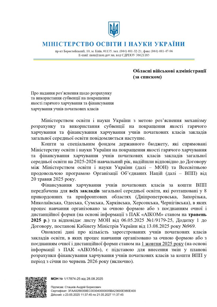 Про надання роз’яснення щодо розрахунку та використання субвенції на покращення якості гарячого харчування та фінансування харчування учнів початкових класів